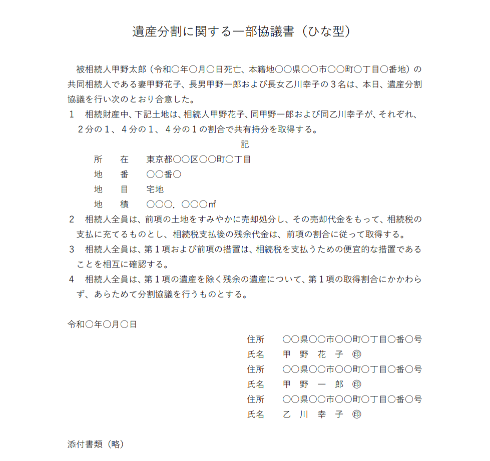 遺産分割に関する一部協議書（ひな型）